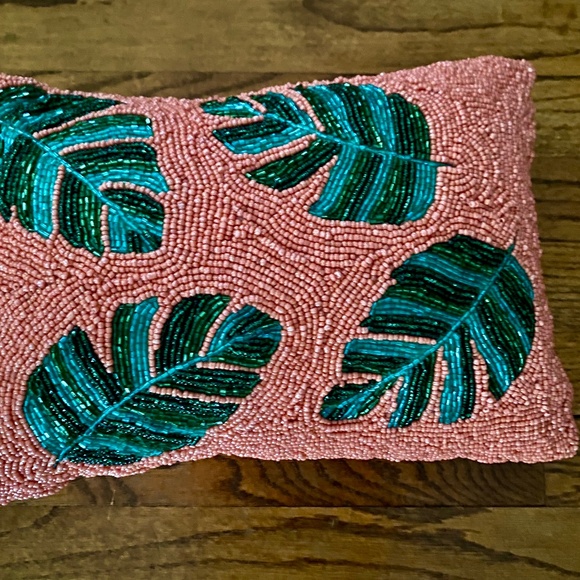 Beaded Throw Pillow. Coral Pink and Green Indian Decor. 10" by 14" Like New - Picture 1 of 9
